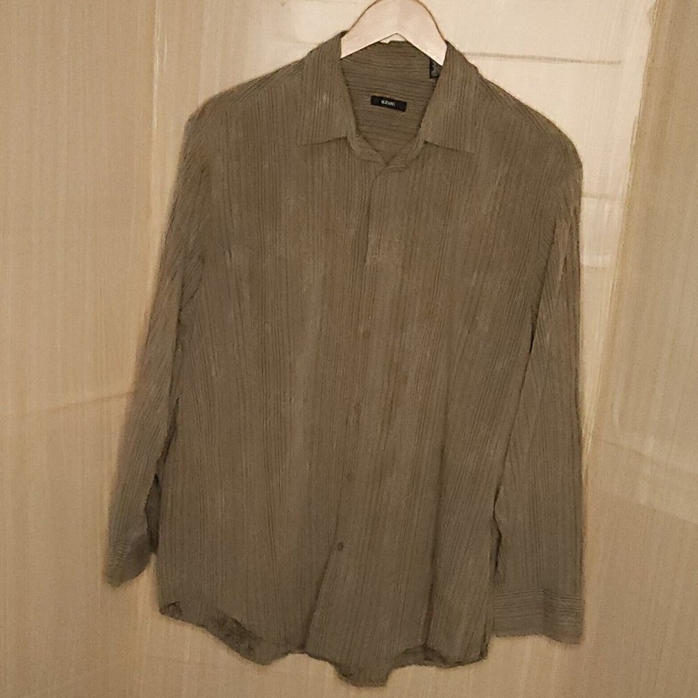 Alfani Brown Stripe Floral Embroidered Button Down XXL